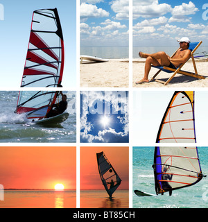 Collage von Bildern auf einem Sommer-Sport-Thema. Surfen Stockfoto