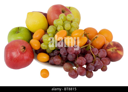 Obst - Kumquat, Apfel, Trauben, Pfirsich, Zitrone, Mandarine, Granatapfel Stockfoto