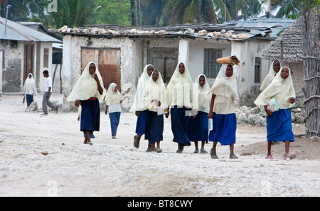 Jambiani, Sansibar, Tansania. Muslimische Schülerinnen, die zu Fuß zur Schule. Stockfoto