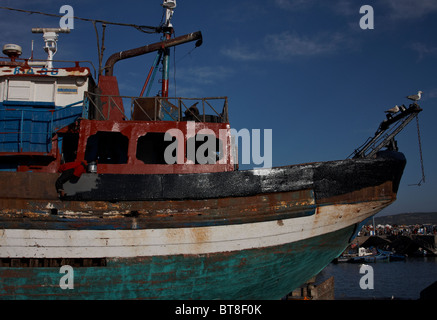 Ein frischer Anstrich wird dieses Fischerboot in Essaouira, Marokko Stockfoto