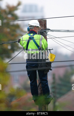 Telefon-Ingenieur arbeitet, einen Telegrafenmast. Bild von James Boardman. Stockfoto