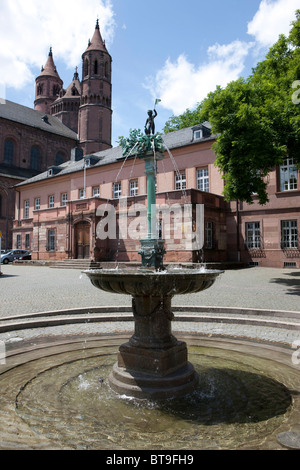 Brunnen vor Worms Dom St. Peter, die kleinste der drei Rheinischen Imperial Kathedralen, Worms Stockfoto