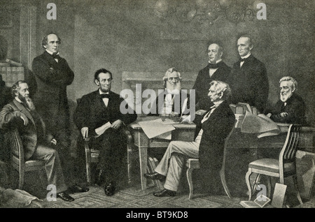 Präsident Abraham Lincoln ist die erste Lesung eines Entwurfs die Emanzipations-Proklamation im Jahre 1864 mit seinem Kabinett: Stockfoto