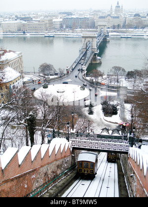 Ansicht der Standseilbahn / incline Railway, aus Budapest Castle, mit Blick auf die Kettenbrücke und Parlament, Ungarn Stockfoto