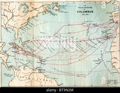 Die vier Reisen von Christopher Columbus 1492 bis 1503. Aus dem Buch Leben von Christopher Columbus, 1892. Stockfoto