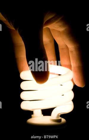 Hand, die Energie-effiziente Glühbirne installieren Stockfoto