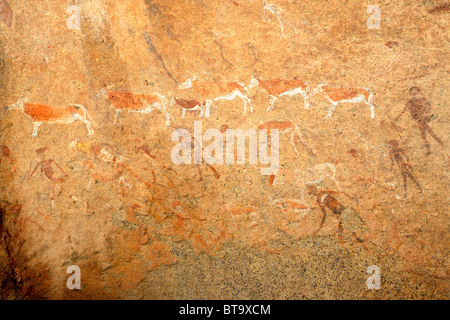 Buschmänner Gemälde von menschlichen Figuren und Antilopen, archäologische Stätte Brandberg, Namibia, Südliches Afrika Stockfoto