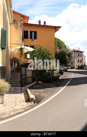 Rosa Stadthaus mit Sonnenschirm und viele Pflanzen in Töpfen auf Straße von Saturnia, Provinz Grosseto, Toskana, Italien Stockfoto