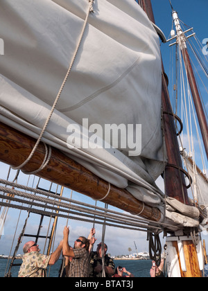 Passagiere, die dazu beitragen, das Segel auf die Segel hissen Schiff der Appledore Schooner aus Key West in Florida USA Stockfoto