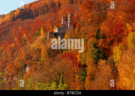 Deutschland, Odenwald: Burg Ruine "Swallow´s nest" oder auch als Burg Schadeck in Neckarsteinach Stockfoto