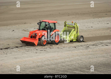 Mechanische Strandreinigung, Looe, Cornwall. September. Strandline Rechen. Stockfoto