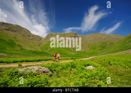 Wanderer im Mickleden-Tal im Sommer, im englischen Lake District Stockfoto