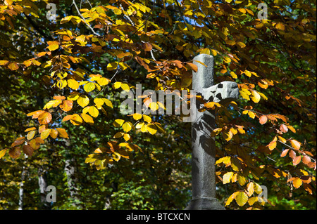 Graue Steinkreuz teilweise fallenden Herbstlaub auf einem Friedhof in München, Deutschland Stockfoto