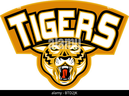 Abbildung von einem wütenden Tiger Kopf vorne mit Worten "Tiger" geeignet für Rugby, Fußball, Fußball Sport sporting Club anzeigen Stockfoto