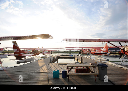 Gruppe von Rust Flying Service DeHavilland Beaver es angedockt am Lake Hood in Anchorage, Alaska Yunan Stockfoto