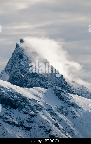 Frischer Schnee weht vom Gipfel des Mount Doonerak in in Toren der Arctic National Park and Preserve, Arktis Alaska, Sommer Stockfoto