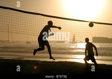 Beach-Volleyballer bei Sonnenuntergang Stockfoto