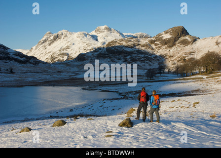 Zwei weibliche Wanderer Blick Blea Tarn in kleinen Langdale auf der sonnenbeschienenen Langdale Pikes, Lake District, Cumbria, England UK Stockfoto