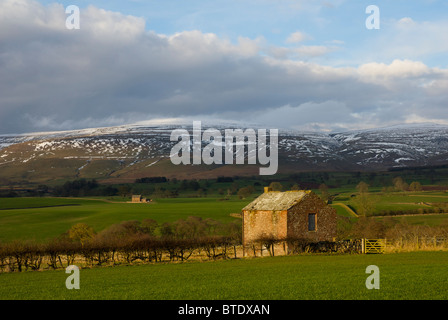 Scheune in den North Pennines, überragt vom Kreuz fiel, der höchste Berg der Pennines, Cumbria, England UK Stockfoto