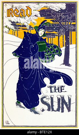 Lesen Sie die Sonne, 1895-Plakat für die New Yorker Zeitung mit einer Dame, die gegen Kälte und Schnee gedämpft Stockfoto