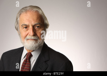 Porträt des bärtigen und grauen Haaren senior Geschäftsmann in Anzug und Krawatte, Studio gedreht, weißen, grauen Hintergrund, 16. Oktober 2010 Stockfoto