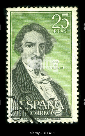 Spanien - CIRCA 1980: Eine Briefmarke gedruckt in Spanien zeigt Bild Porträt José Ignacio Javier Oriol Encarnación de Espronceda y Delgado (25. März 1808 - 23. Mai 1842) war ein berühmter romantischen spanischen Dichter, circa 1980. Stockfoto