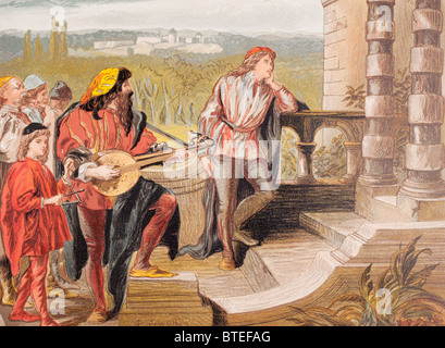 Der Musiker singt in The Two Gentlemen of Verona, Akt IV, Szene II, von William Shakespeare. "Wer ist Sylvia?" Stockfoto