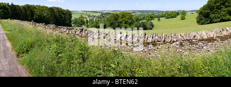 Panoramablick auf eine typische Cotswold Trockenmauer auf den Hügeln über dem Dorf Guiting Power, Gloucestershire Stockfoto