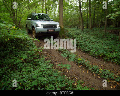 Range Rover Vogue Fahrt entlang einer sehr schlammigen Weg im Wald bei Domaine d'Arthey Estate, Belgien Stockfoto