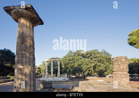 DAS ANTIKE OLYMPIA, ELIA, GRIECHENLAND, EUROPA. Blick Richtung Philippeion Tempel Stockfoto