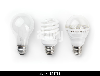 Drei Generationen von Glühbirnen. Normale Glühlampe, energiesparende Leuchtstofflampen und LED isoliert auf weißem Hintergrund Stockfoto