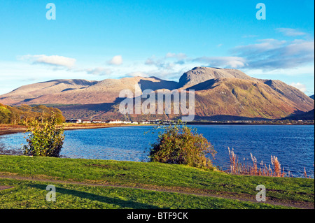 Aonach Mor (R, L) Berge gesehen vom Caledonian Canal Eingang bei Corpach West Highlands, Ben Nevis und Aonach Beag Stockfoto