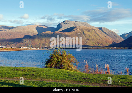 Aonach Mor (R, L) Berge gesehen vom Caledonian Canal Eingang bei Corpach West Highlands, Ben Nevis und Aonach Beag Stockfoto