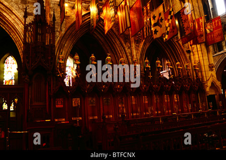 Fahnen und Wappen der Ritter angezeigt im Chor der St. Patricks Kathedrale in Dublin, Irland. Stockfoto