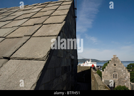 Blick vom Rosenkrantztarnet (Rosenkrantz Turm), Bergenhus, Bergen, Norwegen. Stockfoto