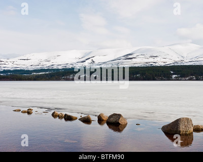 Loch Morlich in den Cairngorms in der Nähe von Aviemore eingefroren im Winter, Schottland, UK Stockfoto