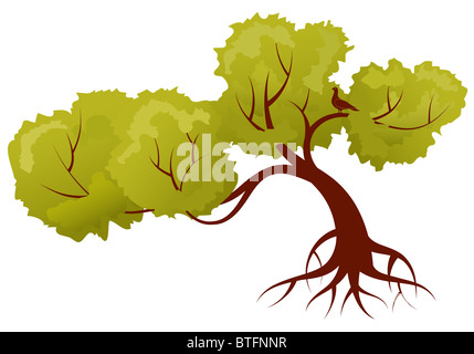 Stilisierter Baum mit Blättern und Vogel, für design Stockfoto