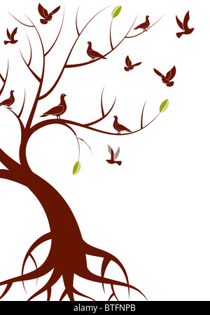 Stilisierter Baum mit Blättern und Vogel, Design, Vektor-illustration Stockfoto