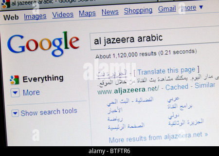 Screenshot von einer Google-Suche für die Al Jezeera Nachrichtenorganisation Website, aljazeera.net, englische Ausgabe. Juli 10 Stockfoto