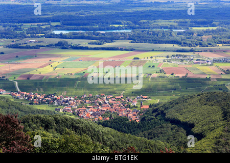 Blick auf die elsässische Ebene, Haut-Koenigsbourg Burg, Orschwiller, Elsass, Frankreich Stockfoto