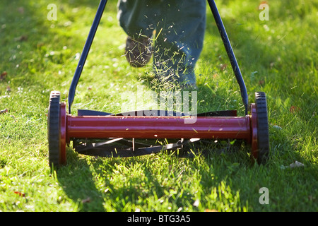 Frau mit einem umweltfreundlichen Rasenmäher Rasen zu mähen. Stockfoto