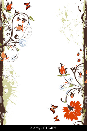Grunge Blumenrahmen mit Schmetterling und Marienkäfer, Element für Design, Vektor-illustration Stockfoto
