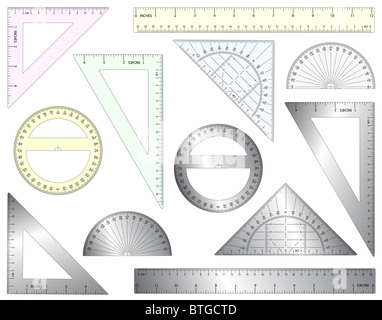Reihe von illustrierten Lineale, Dreiecke und Winkelmesser aus Kunststoff und Metall Stockfoto