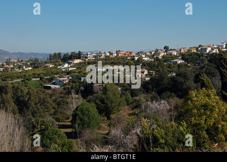 Landhäuser verstreut an den Berghängen in der Nähe von Alhaurin el Grande, Costa Del Sol, Provinz Malaga, Andalusien, Spanien, Europa. Stockfoto