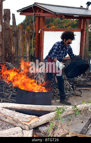 Kastanien Braten am Monte Kastanien festival.held jedes Jahr. Le Marche, Italien Stockfoto