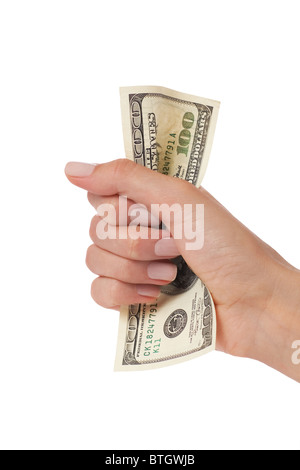 Frau Hand drückte hundert Dollar Stockfoto
