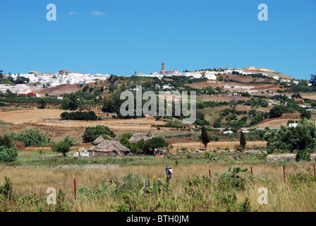 Blick über die Stadt mit einem strohgedeckten Kleinbetrieb in den Vordergrund, Medina Sidonia, Provinz Cadiz, Andalusien, Spanien, Europa. Stockfoto