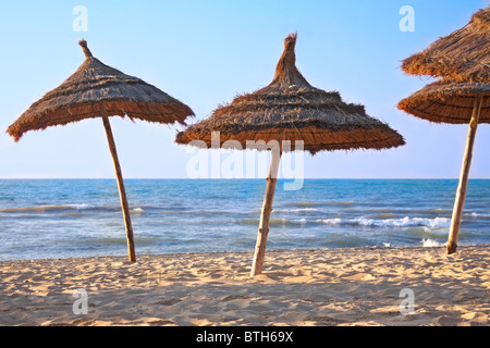 strohgedeckte Sonnenschirme am Strand Stockfoto