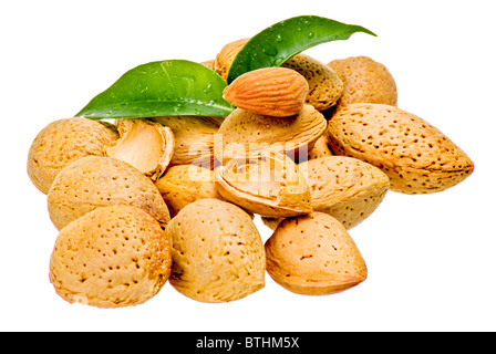 Mandeln mit grünen Blättern - isoliert Stockfoto