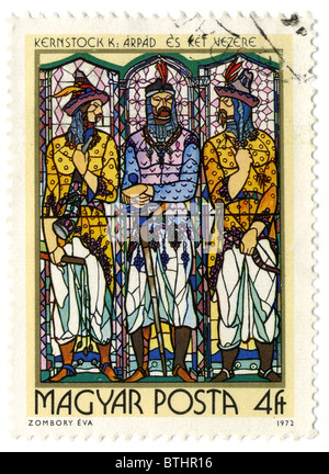 Ungarn - CIRCA 1972: Eine Briefmarke gedruckt in Ungarn zeigt Bild von der religiösen Themen am Buntglas-Fenster, ca. 1972 gemacht. Stockfoto
